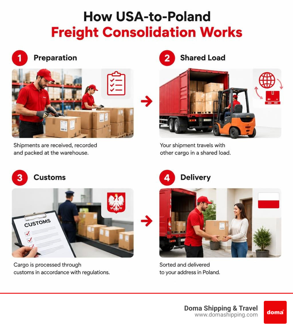 How USA-to-Poland freight consolidation works: preparation, shared load, customs, and delivery infographic How USA-to-Poland freight consolidation works: preparation, shared load, customs, and delivery infographic
