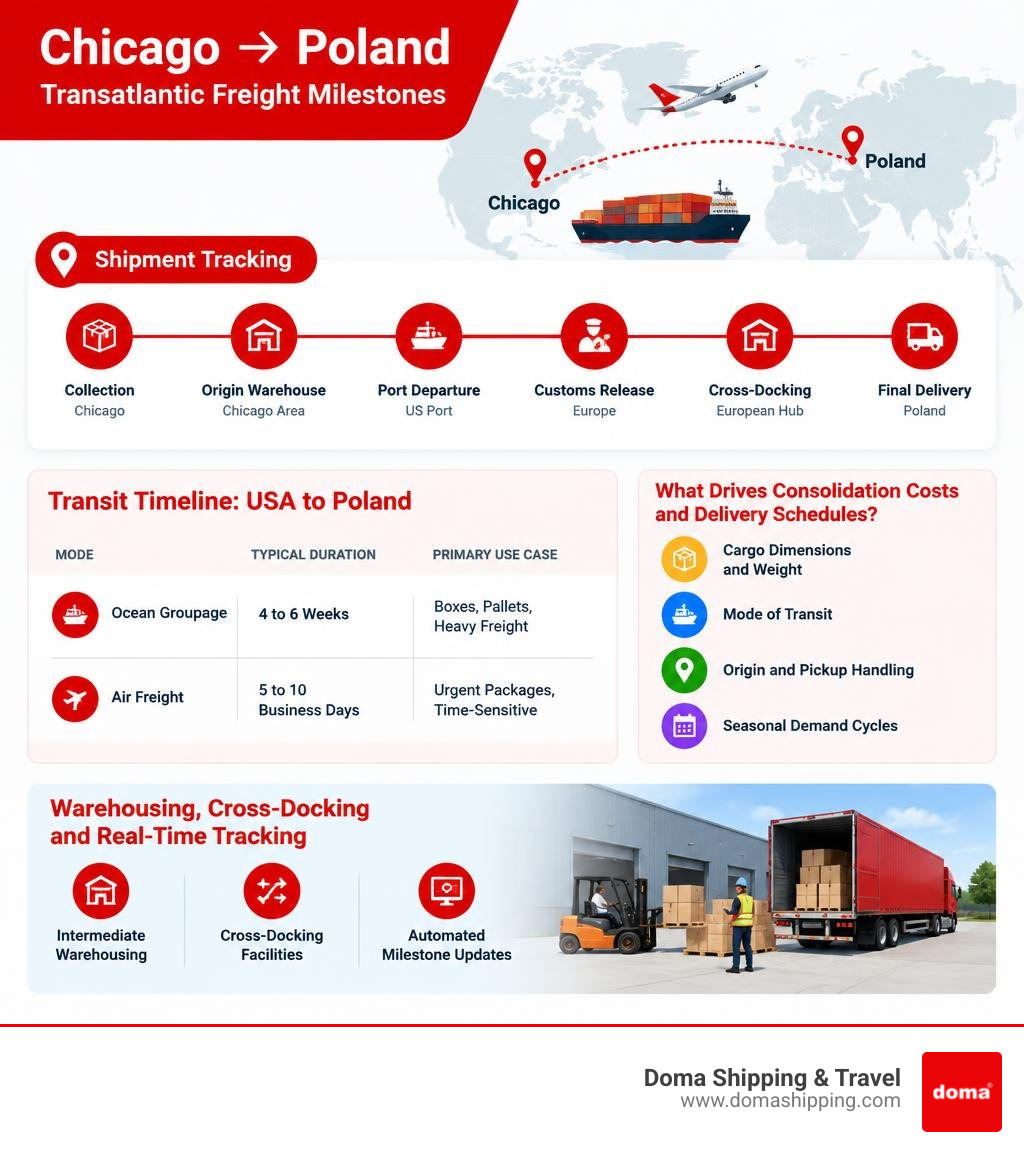 Tracking dashboard showing transatlantic freight milestones from Chicago to Poland infographic Tracking dashboard showing transatlantic freight milestones from Chicago to Poland infographic