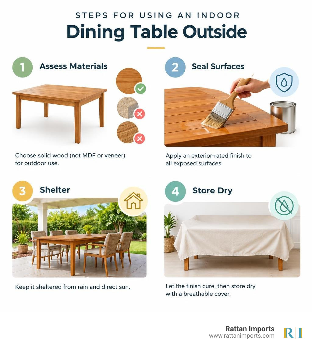 Steps for using an indoor dining table outside: assess materials, seal surfaces, shelter, and store dry infographic