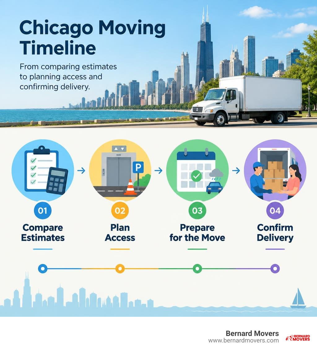 Chicago moving timeline from comparing estimates to planning access and confirming delivery infographic Chicago moving timeline from comparing estimates to planning access and confirming delivery infographic