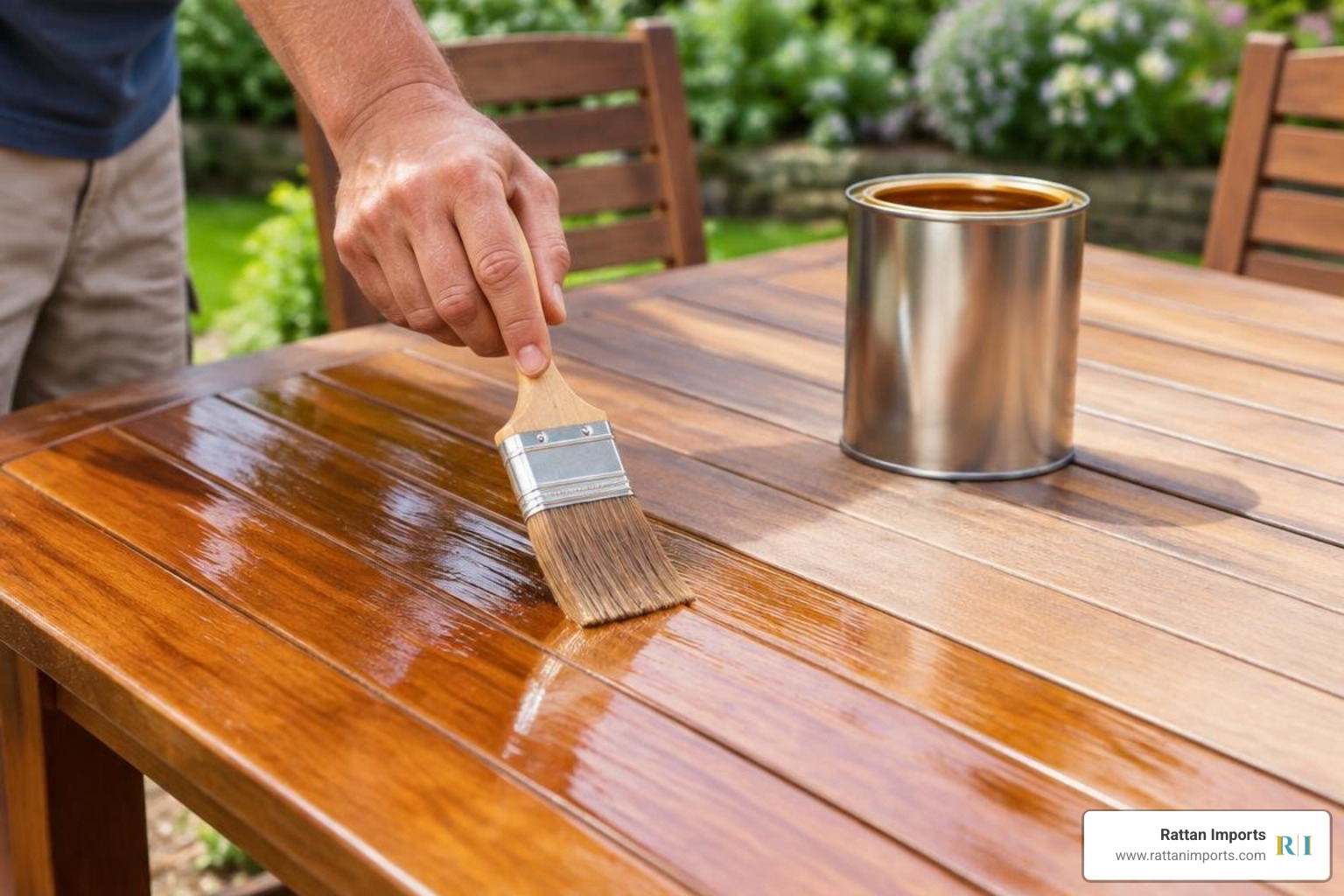 Applying exterior spar varnish to a wooden dining table
