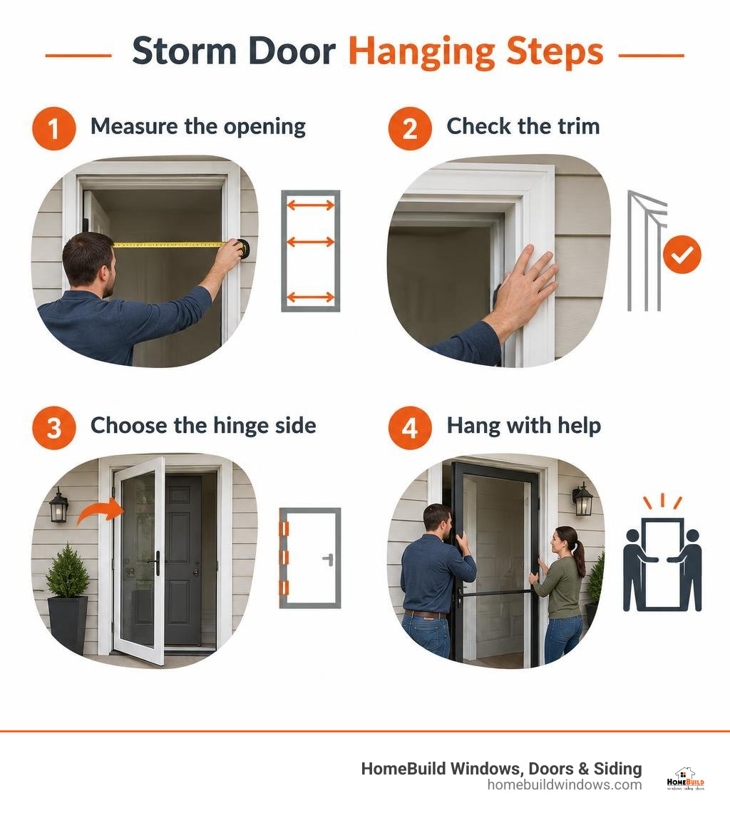 Storm door hanging steps: measure the opening, check the trim, choose the hinge side, and hang with help infographic