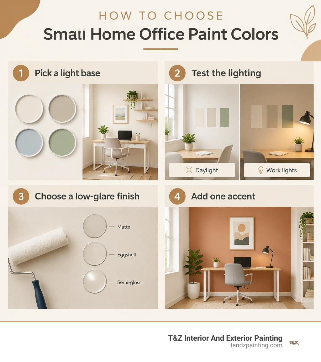 How to choose small home office paint colors: pick a light base, test the lighting, choose a low-glare finish, add one