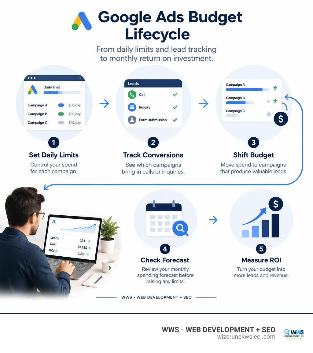 Google Ads budget lifecycle from daily limits and lead tracking to monthly return on investment infographic Google Ads budget lifecycle from daily limits and lead tracking to monthly return on investment infographic