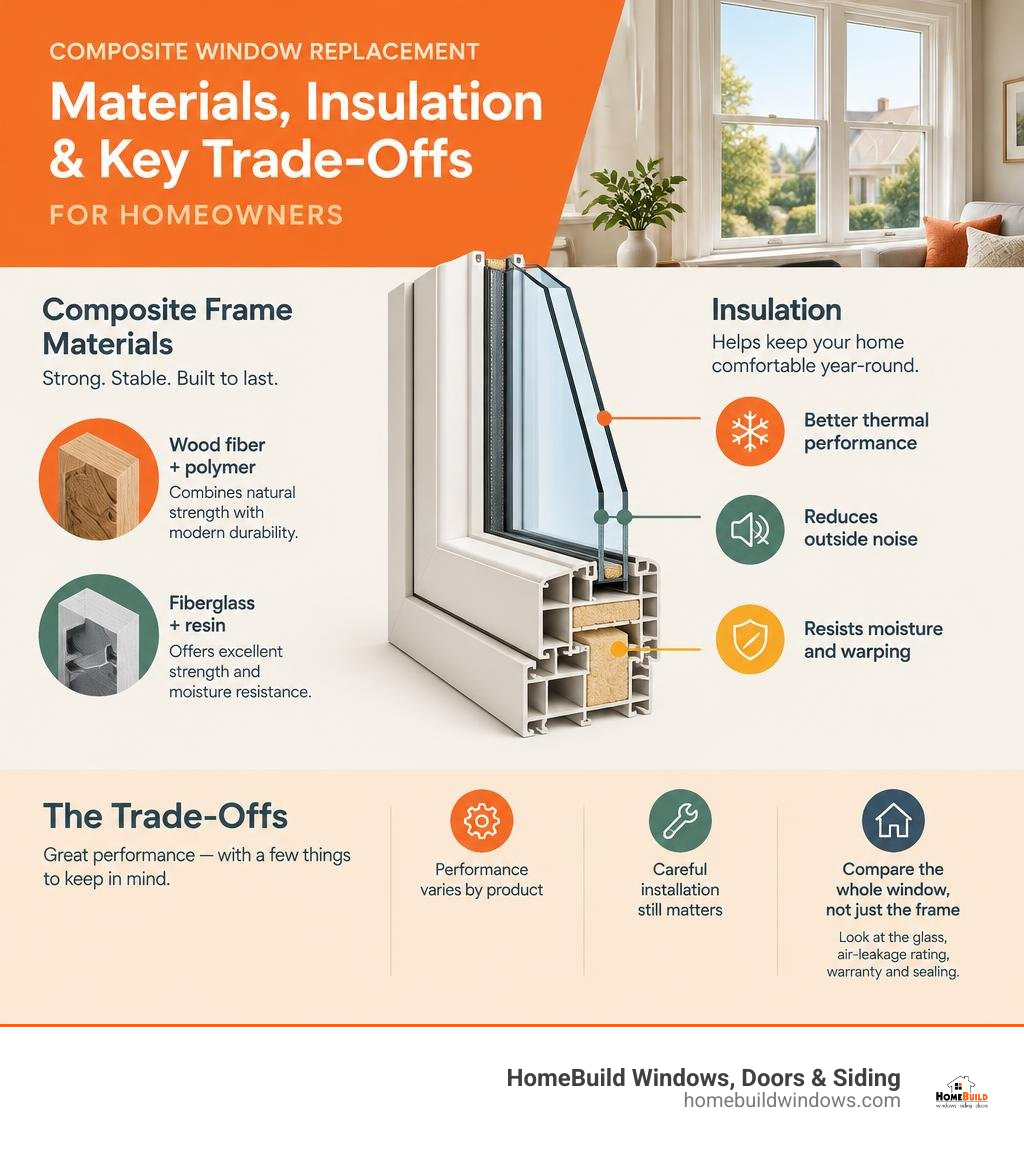 Composite window frame materials, insulation, and key trade-offs for homeowners infographic
