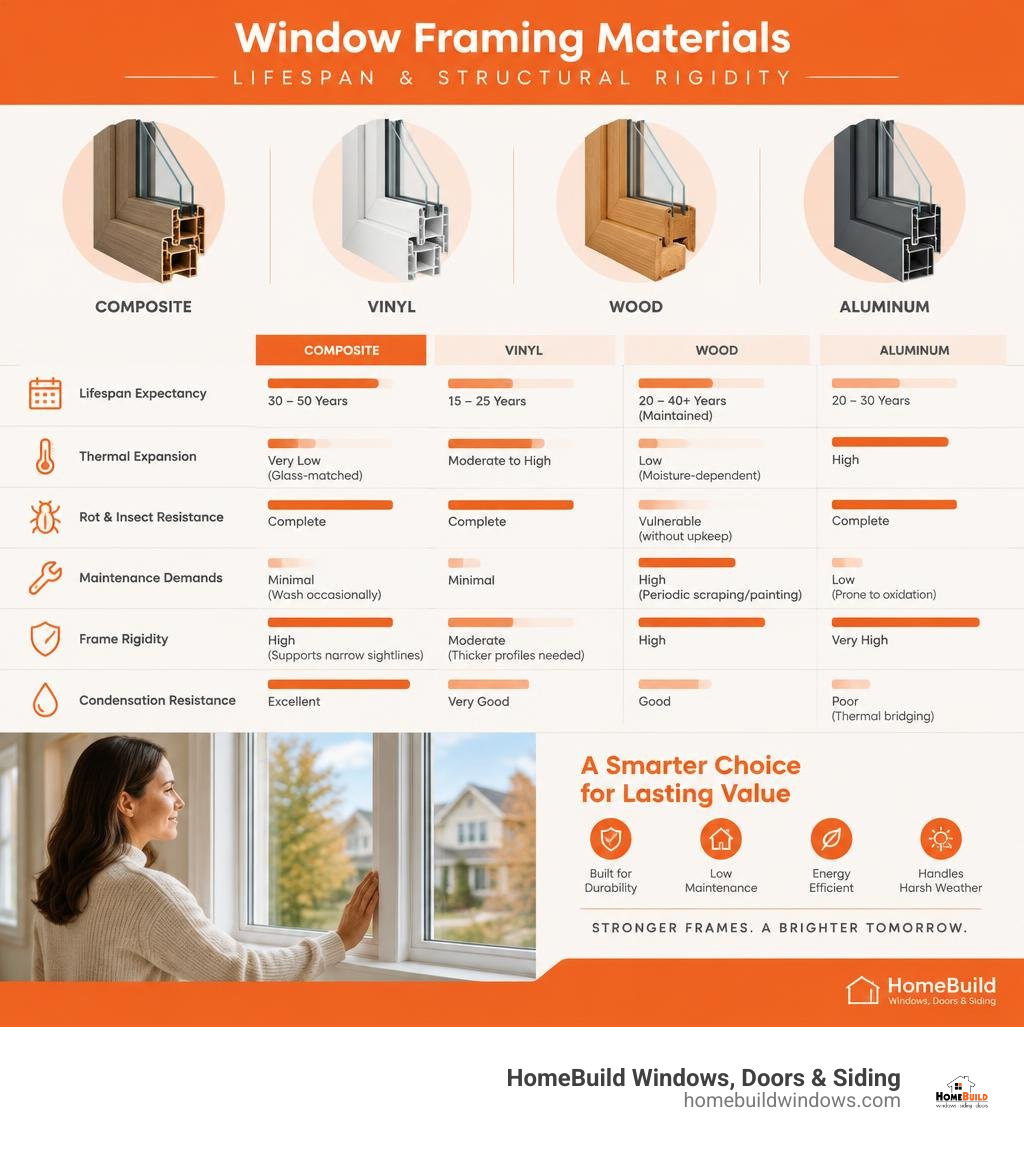 Comparative lifespan and structural rigidity across window framing materials infographic