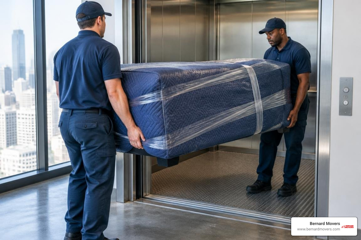 Moving crew maneuvering furniture through a high-rise freight elevator Moving crew maneuvering furniture through a high-rise freight elevator