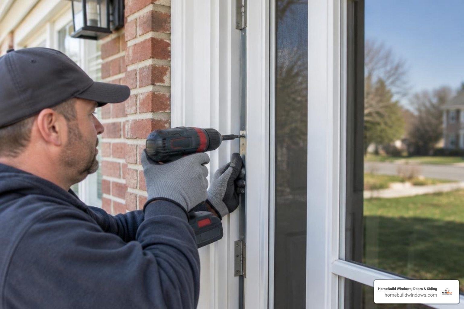Installer securing hinge rail to exterior door frame