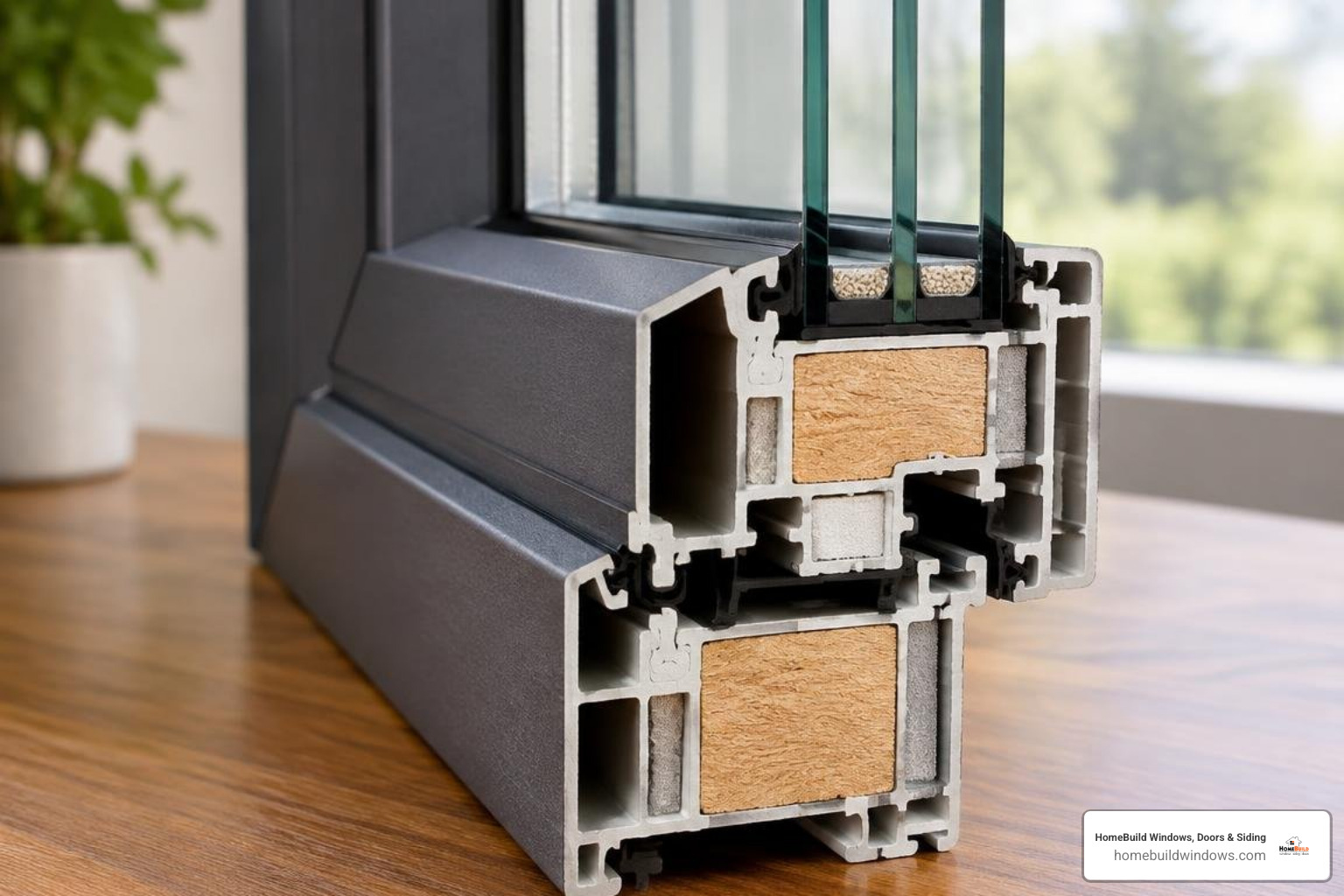 Cross-section of a composite window frame showing internal structural profiles and insulated core