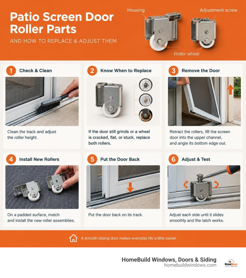 Screen door roller parts and the steps to replace and adjust them infographic Screen door roller parts and the steps to replace and adjust them infographic