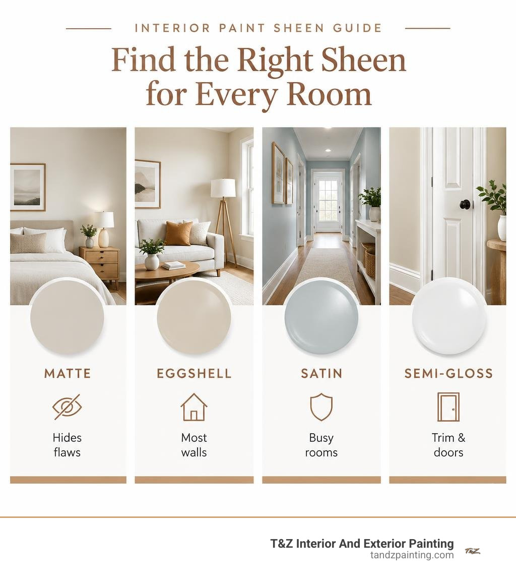 Interior paint sheen guide: matte for hiding flaws, eggshell for most walls, satin for busy rooms, semi-gloss for trim