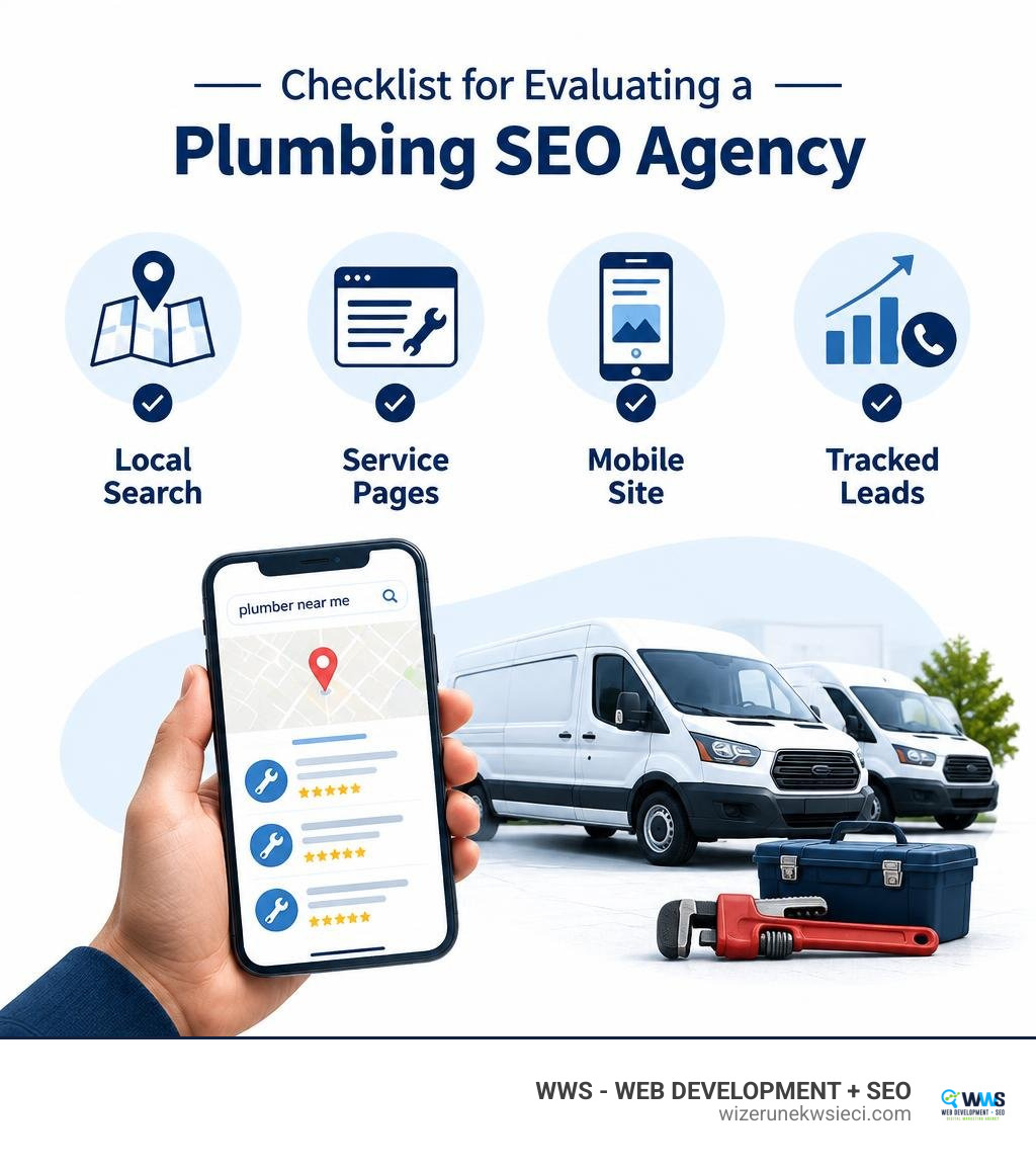 Checklist for evaluating a plumbing SEO agency: local search, service pages, mobile site, and tracked leads infographic Checklist for evaluating a plumbing SEO agency: local search, service pages, mobile site, and tracked leads infographic