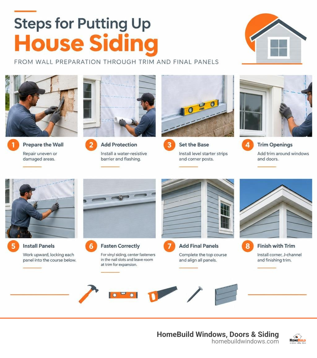 Steps for putting up siding, from wall preparation through trim and final panels infographic Steps for putting up siding, from wall preparation through trim and final panels infographic