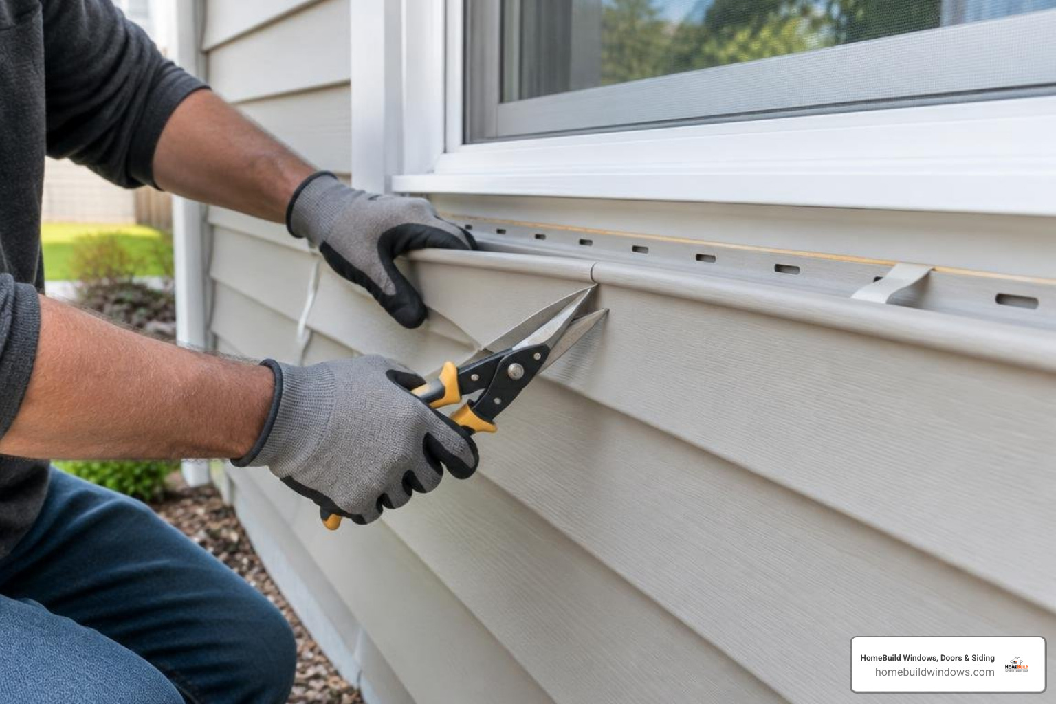 Siding panel cut and snap-locked under a window sill Siding panel cut and snap-locked under a window sill