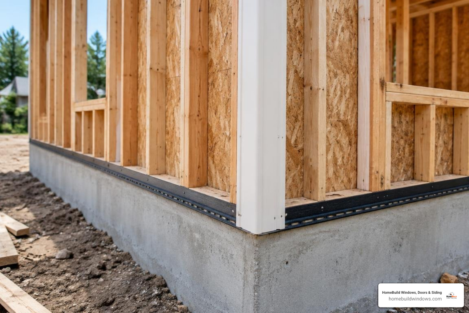 Starter strip and outside corner post layout on house framing Starter strip and outside corner post layout on house framing