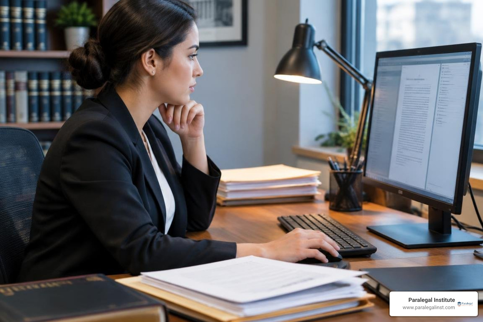 legal student reviewing court filings on computer legal student reviewing court filings on computer