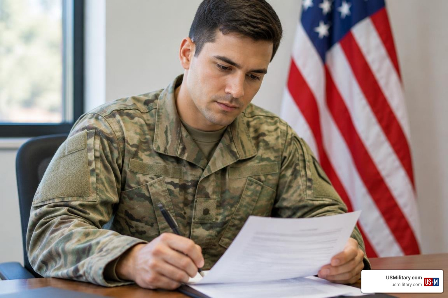 U.S. soldier reviewing registration paperwork U.S. soldier reviewing registration paperwork