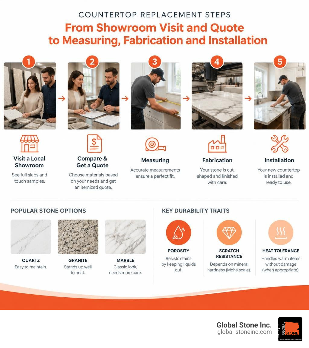 Countertop replacement steps from showroom visit and quote to measuring fabrication and installation infographic