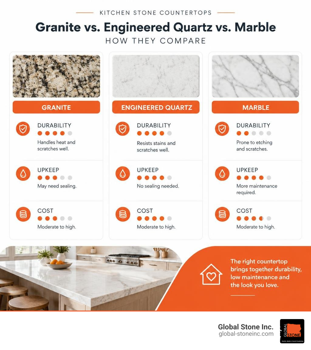 Comparison of granite, engineered quartz, and marble by durability, upkeep, and cost infographic Comparison of granite, engineered quartz, and marble by durability, upkeep, and cost infographic