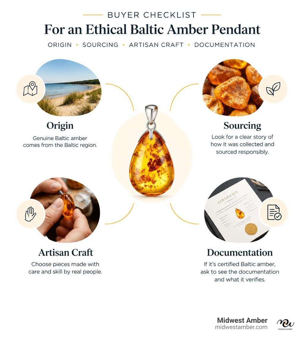 Buyer checklist for an ethical Baltic amber pendant: origin, sourcing, artisan craft, and documentation infographic Buyer checklist for an ethical Baltic amber pendant: origin, sourcing, artisan craft, and documentation infographic
