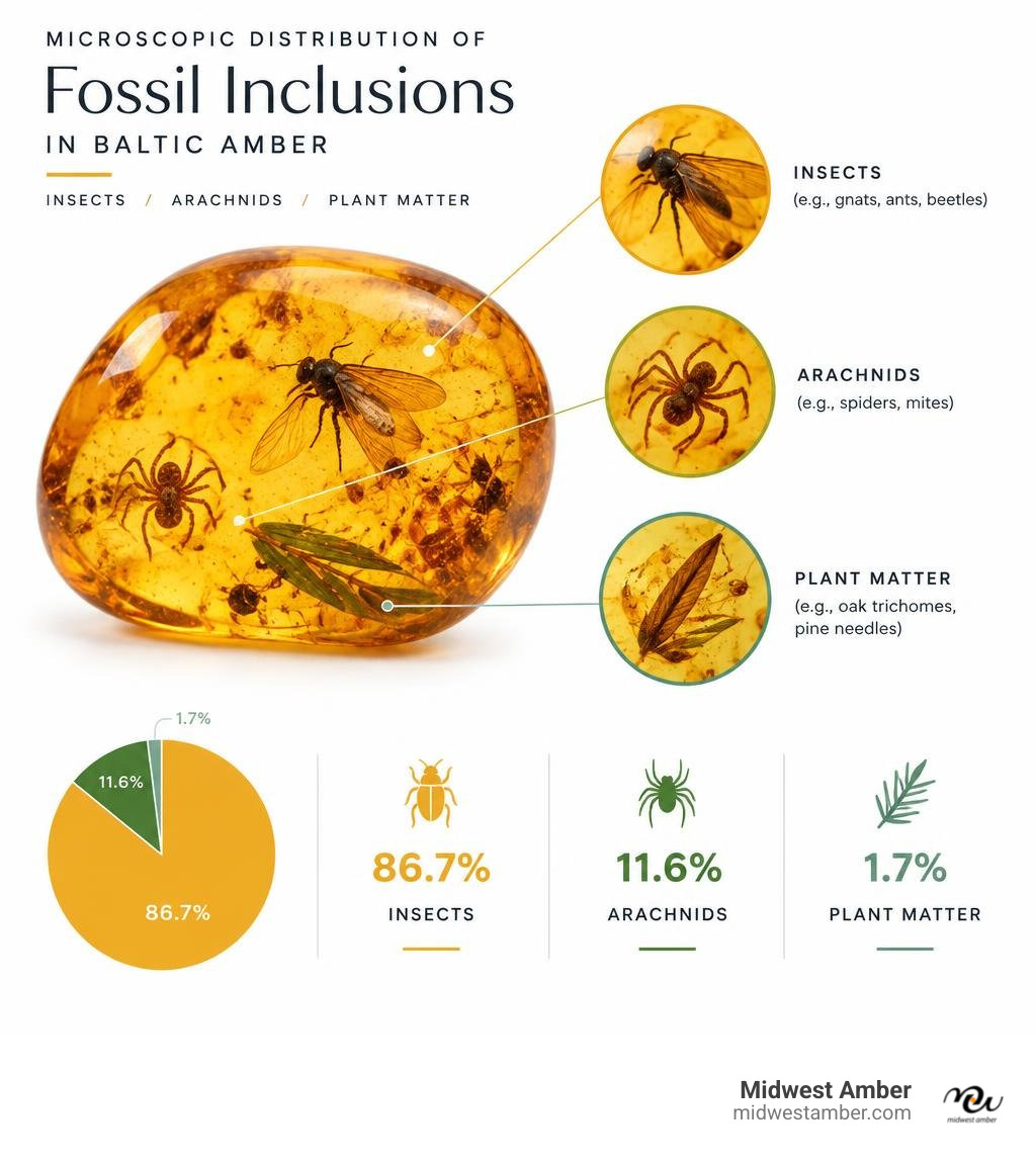Microscopic distribution of fossil inclusions in Baltic amber: insects, arachnids, and plant matter infographic Microscopic distribution of fossil inclusions in Baltic amber: insects, arachnids, and plant matter infographic