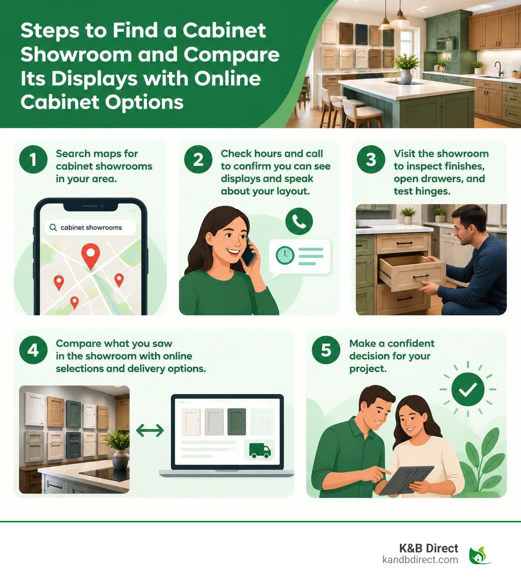 Steps to find a cabinet showroom and compare its displays with online cabinet options infographic