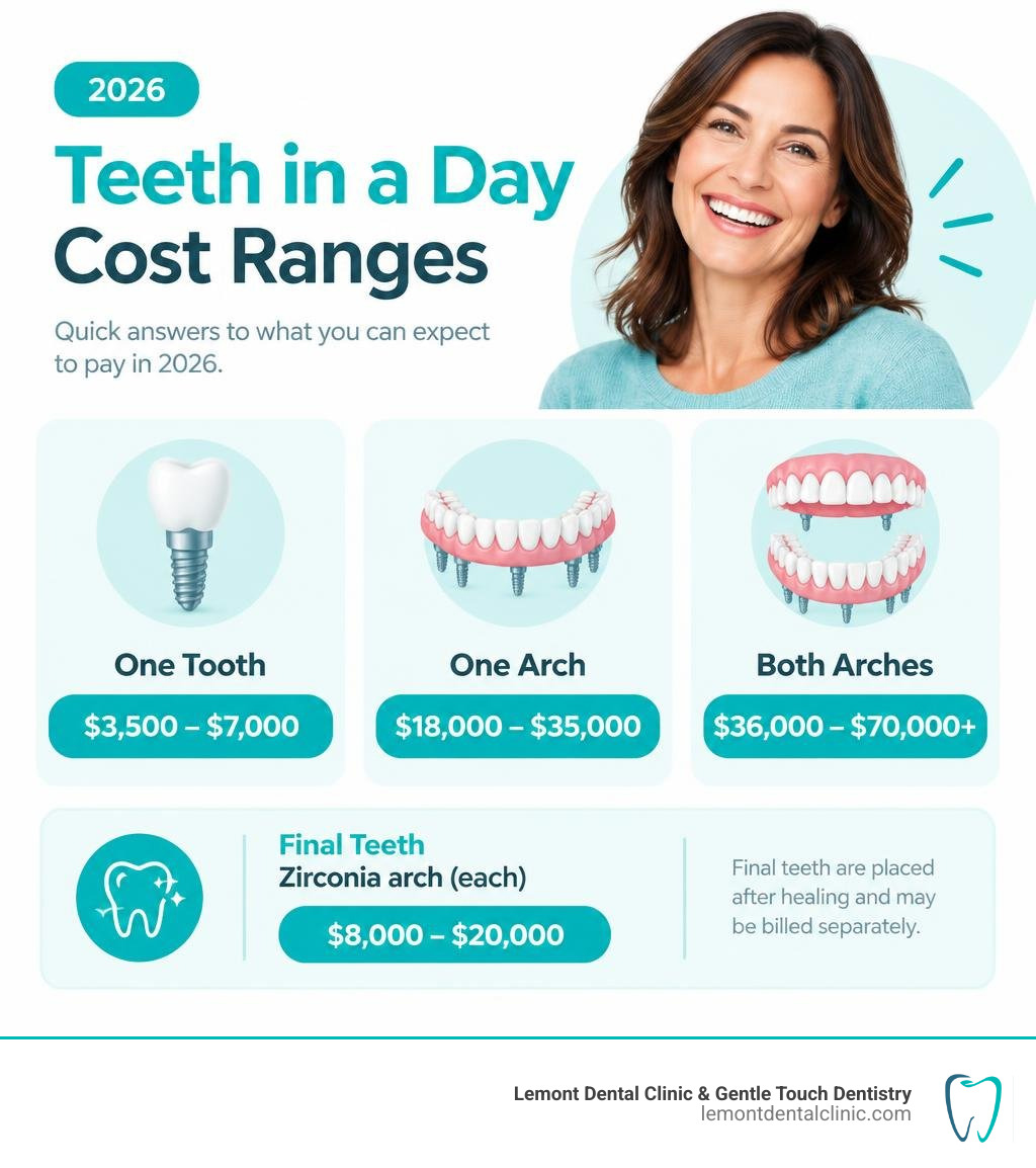2026 teeth in a day cost ranges for one tooth one arch and both arches with final teeth costs infographic