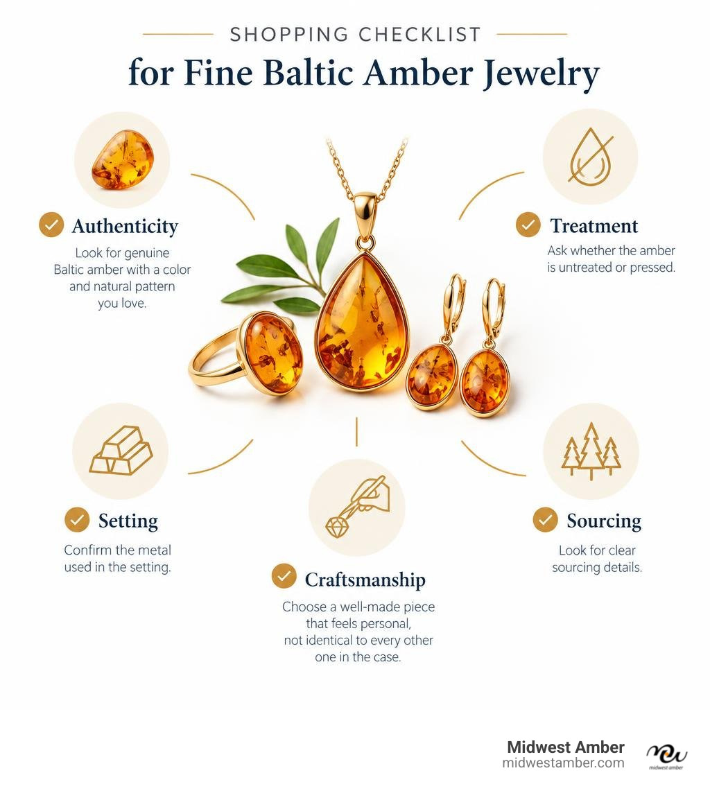 Shopping checklist for fine Baltic amber jewelry: authenticity, treatment, setting, craftsmanship, sourcing infographic Shopping checklist for fine Baltic amber jewelry: authenticity, treatment, setting, craftsmanship, sourcing infographic