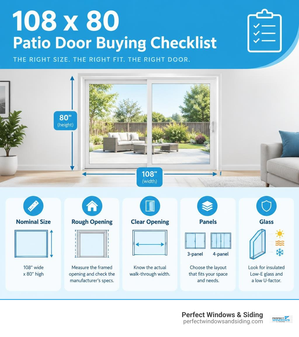 108 x 80 patio door buying checklist showing nominal size, rough opening, clear opening, panels, and glass infographic 108 x 80 patio door buying checklist showing nominal size, rough opening, clear opening, panels, and glass infographic