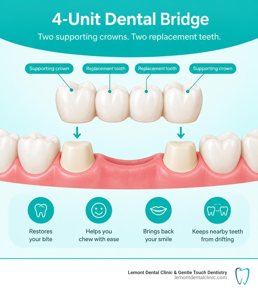 four-unit dental bridge with two supporting crowns and two replacement teeth infographic four-unit dental bridge with two supporting crowns and two replacement teeth infographic