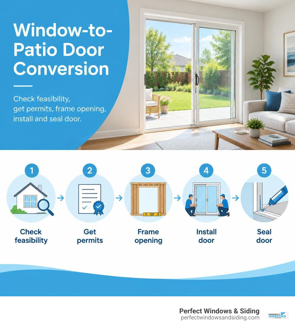 Window-to-patio-door conversion: check feasibility, get permits, frame opening, install and seal door infographic