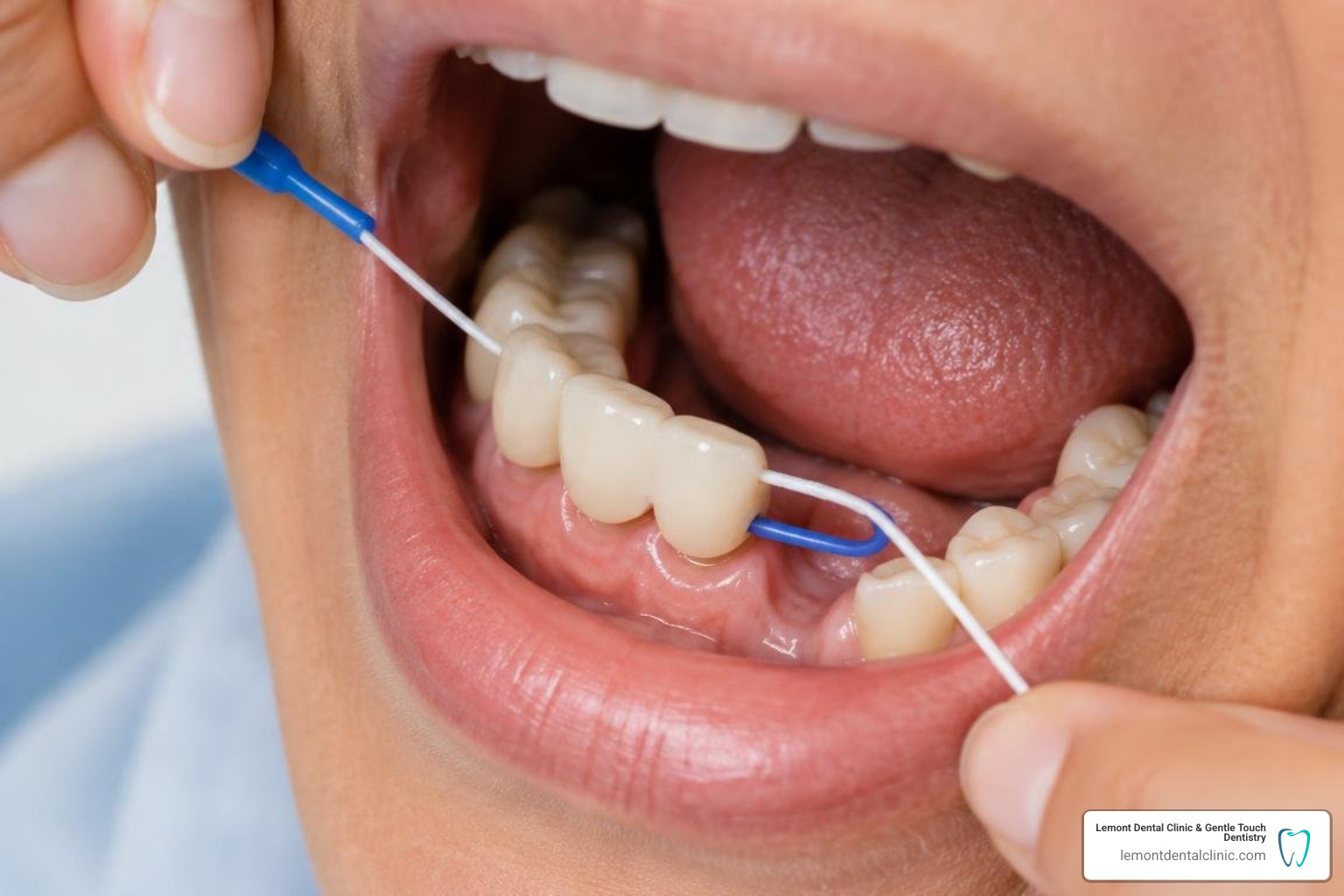 cleaning under a dental bridge with a floss threader cleaning under a dental bridge with a floss threader