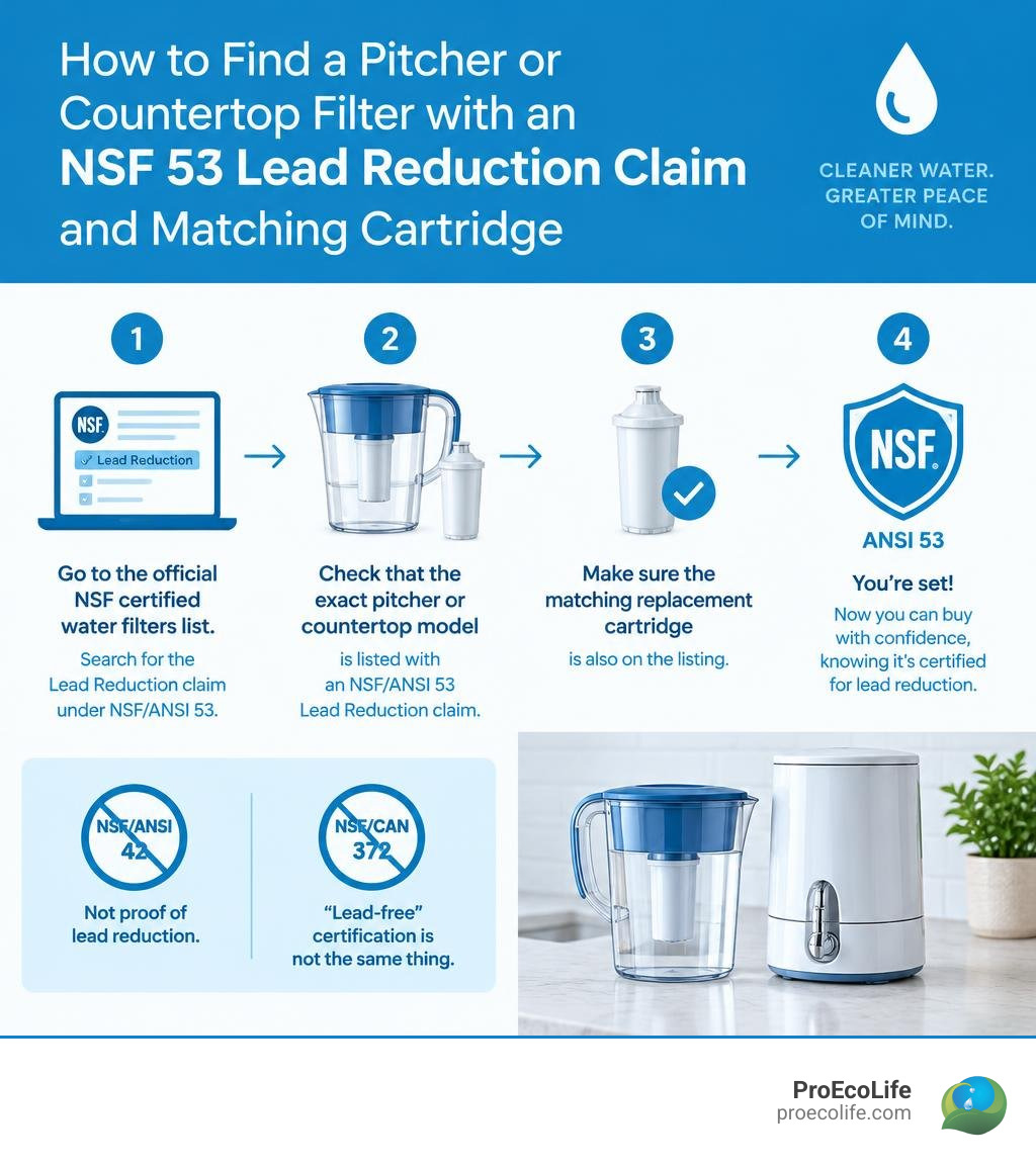 How to find a pitcher or countertop filter with an NSF 53 lead reduction claim and matching cartridge infographic How to find a pitcher or countertop filter with an NSF 53 lead reduction claim and matching cartridge infographic