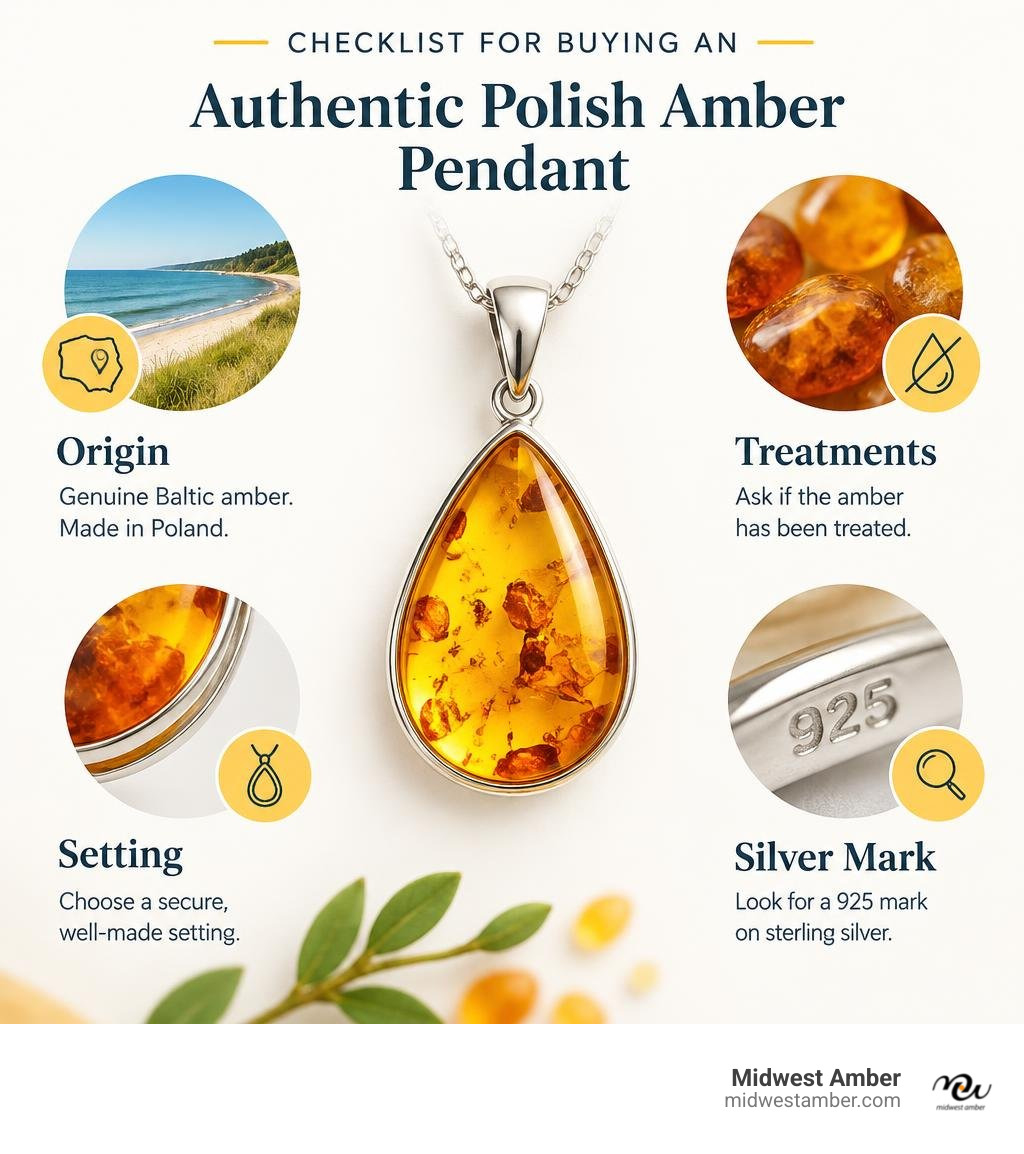 Checklist for buying an authentic Polish amber pendant: origin, treatments, setting, and silver mark infographic