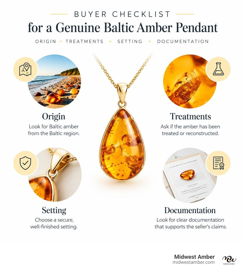 Buyer checklist for a genuine Baltic amber pendant: origin, treatments, setting, and documentation infographic Buyer checklist for a genuine Baltic amber pendant: origin, treatments, setting, and documentation infographic