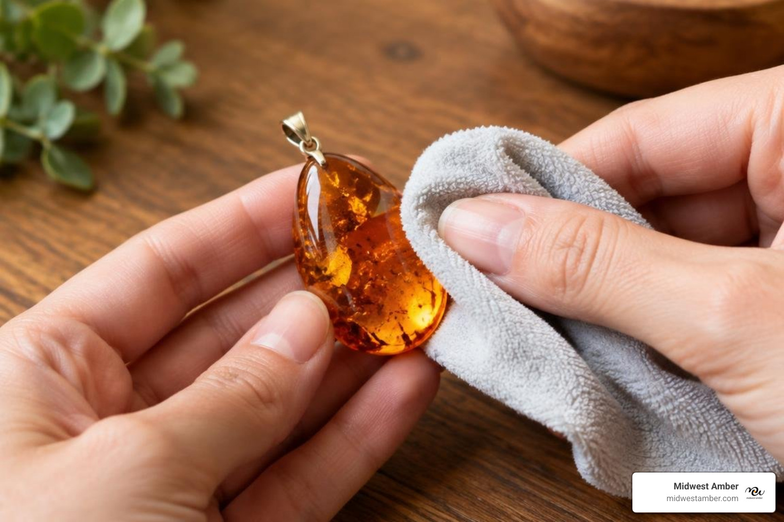 Cleaning and gently polishing an amber pendant using a soft microfiber cloth