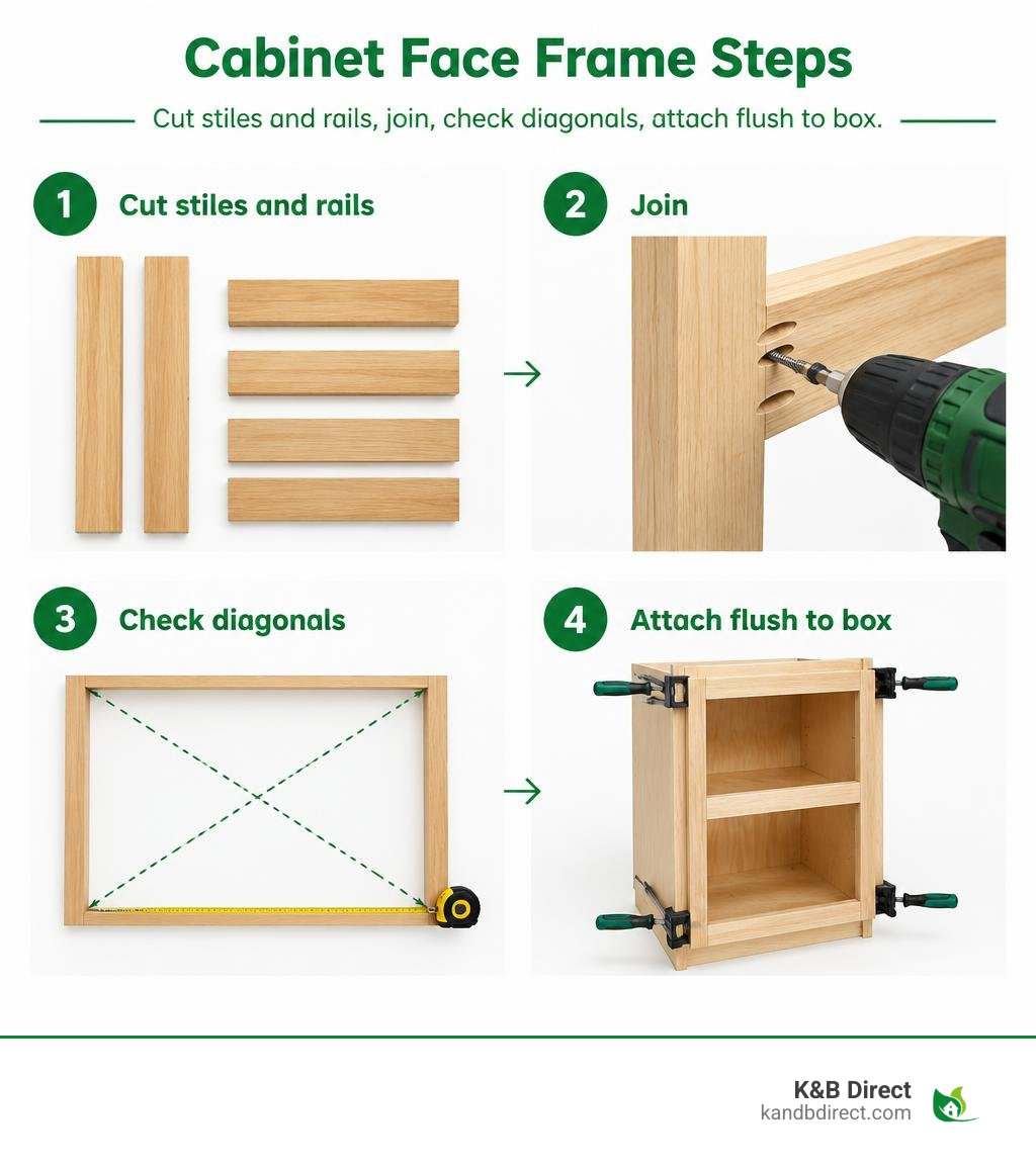 Cabinet face frame steps: cut stiles and rails, join, check diagonals, attach flush to box infographic