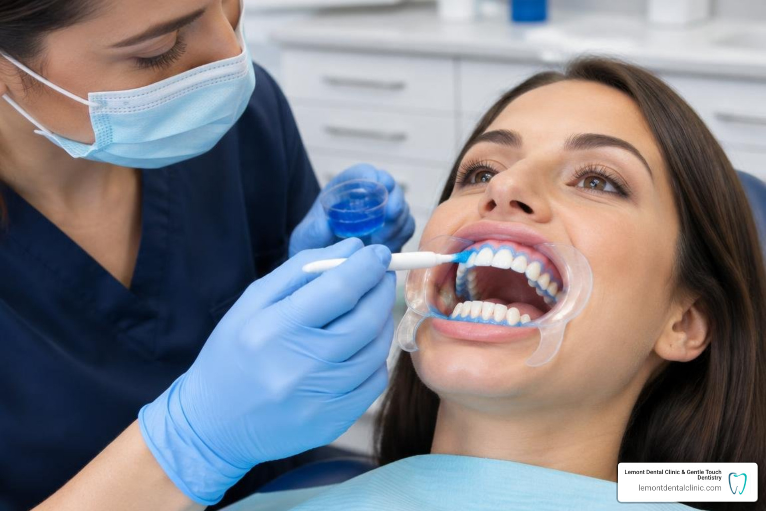 dentist applying professional whitening barrier to gums