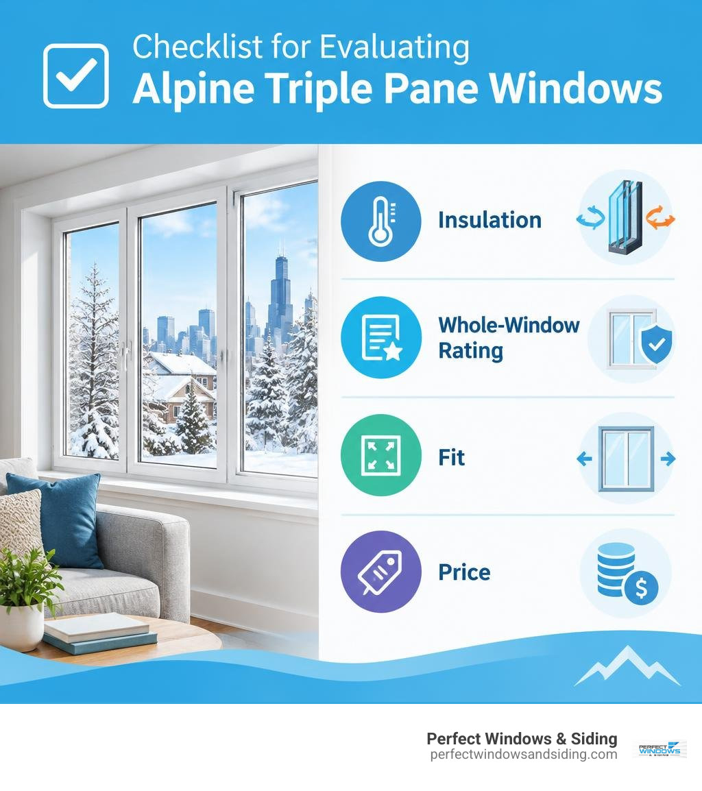 Checklist for evaluating Alpine triple pane windows: insulation, whole-window rating, fit, and performance infographic Checklist for evaluating Alpine triple pane windows: insulation, whole-window rating, fit, and performance infographic