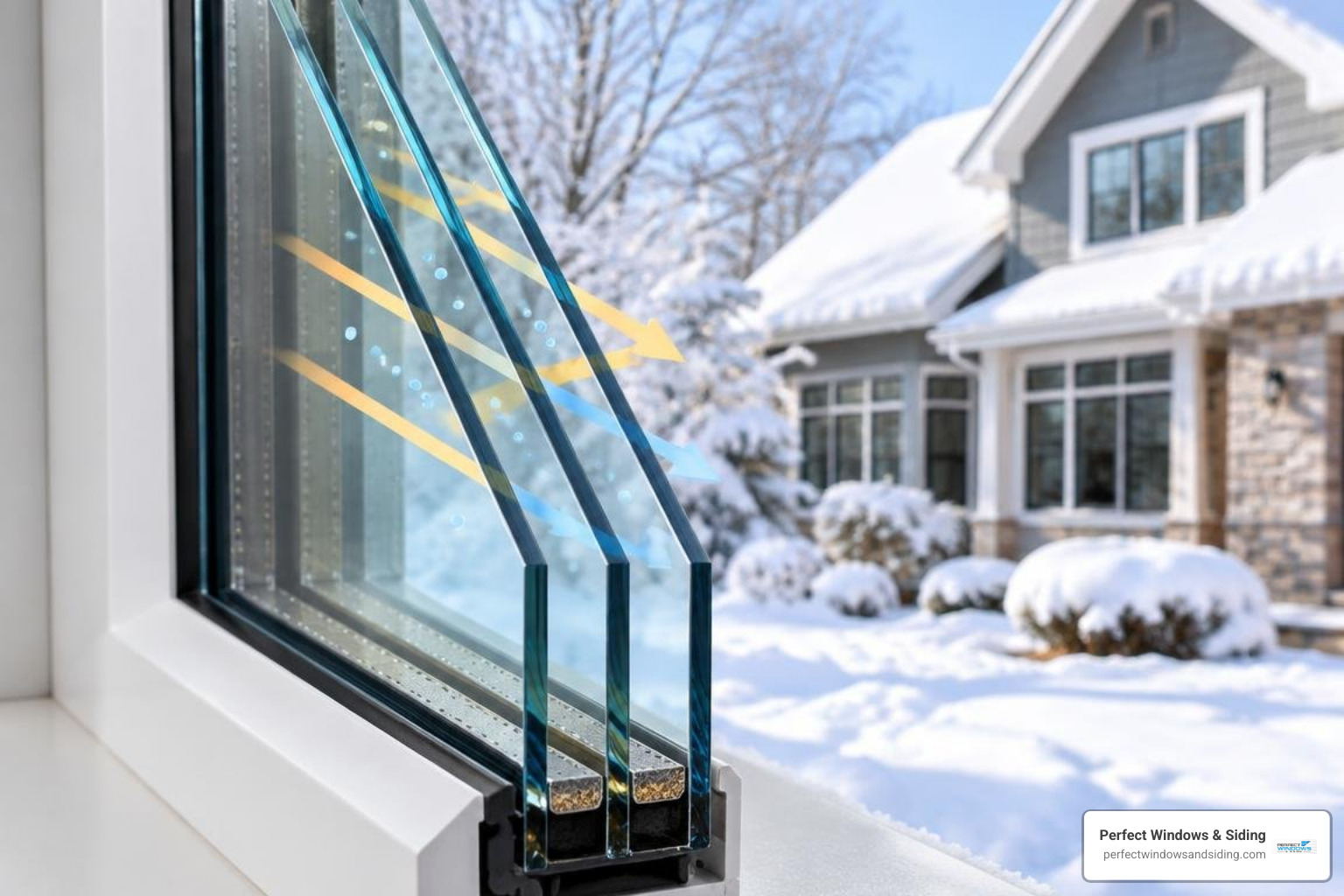 Cutaway view of triple-pane insulated glass unit Cutaway view of triple-pane insulated glass unit
