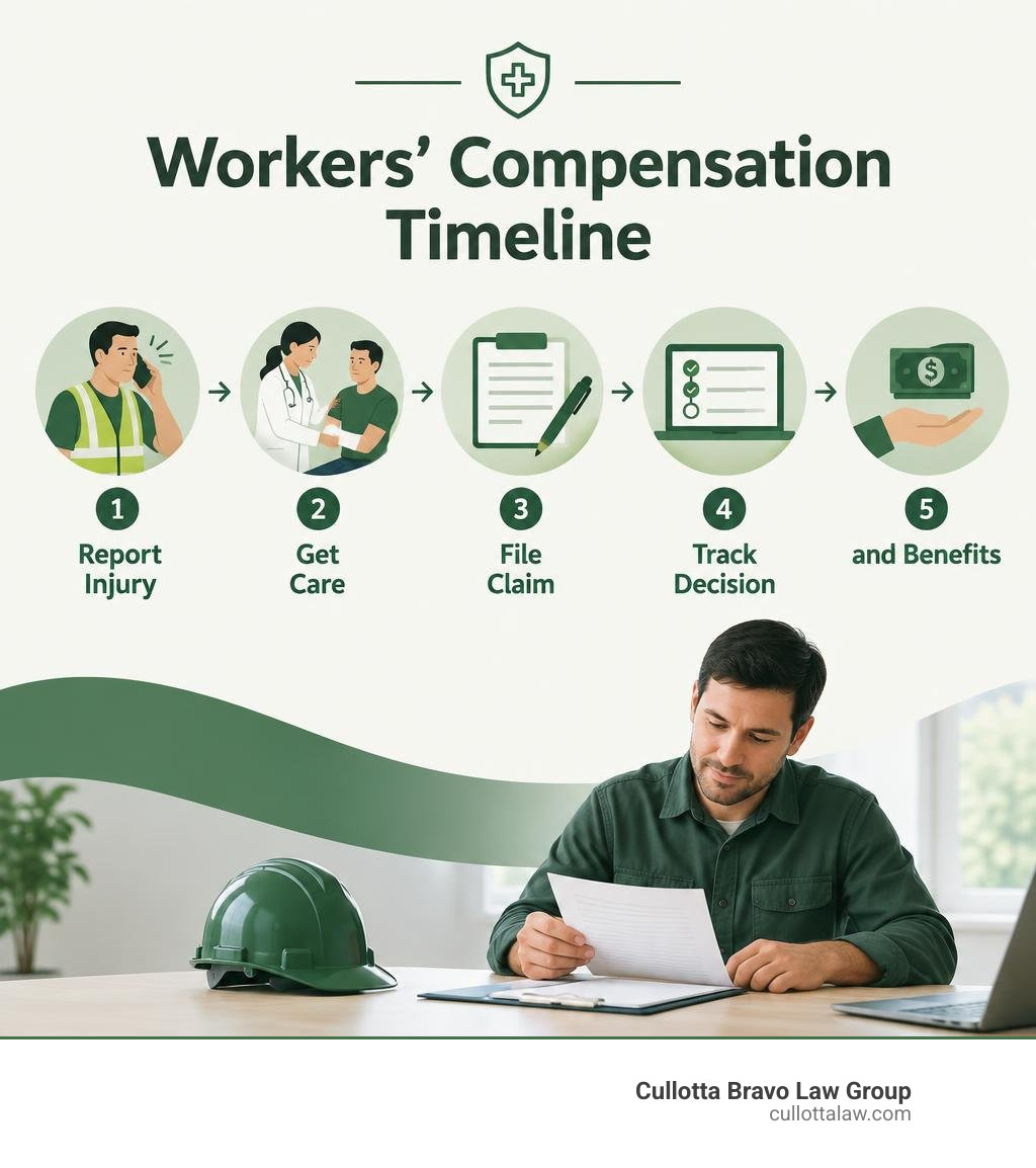 Workers compensation timeline: report injury, get care, file claim, track decision and benefits infographic Workers compensation timeline: report injury, get care, file claim, track decision and benefits infographic