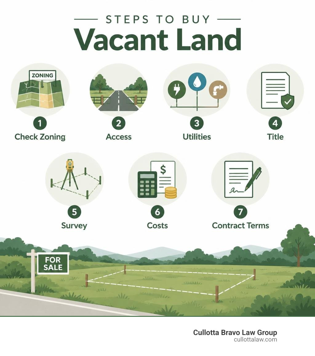 Steps to buy vacant land: check zoning, access, utilities, title, survey, costs, and contract terms infographic
