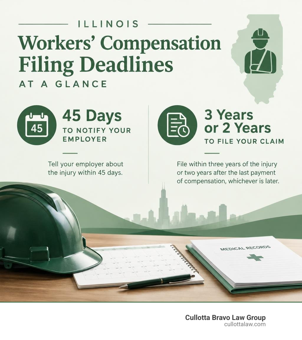 Illinois workers' compensation deadlines: 45-day employer notice and three-year or two-year claim filing rule infographic Illinois workers' compensation deadlines: 45-day employer notice and three-year or two-year claim filing rule infographic