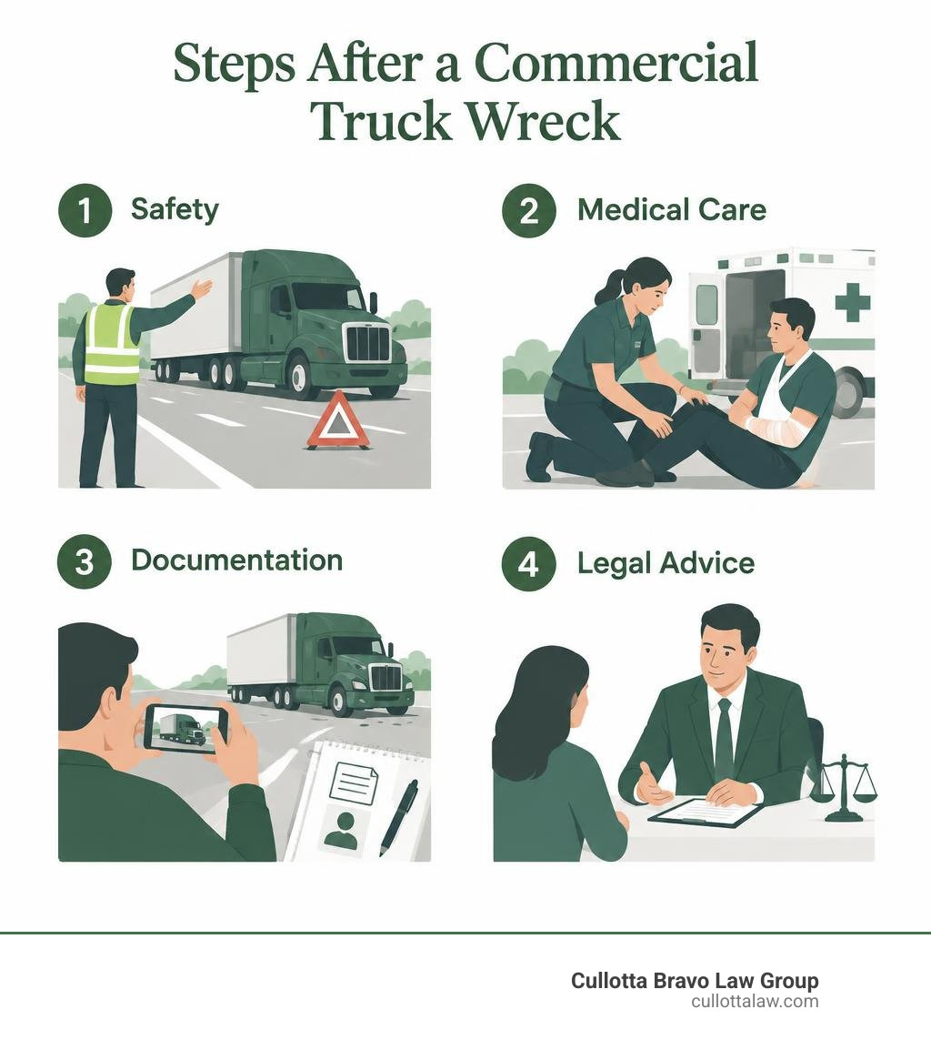 Steps after a commercial truck wreck: safety, medical care, documentation, and legal advice infographic