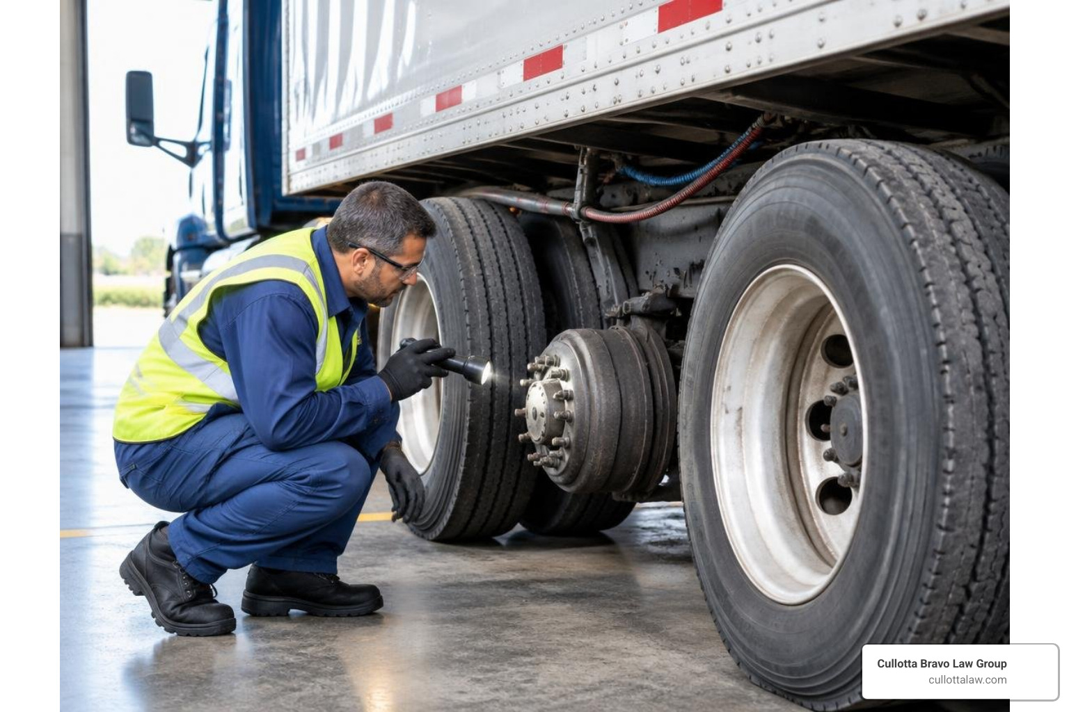 technician conducting commercial truck brake inspection