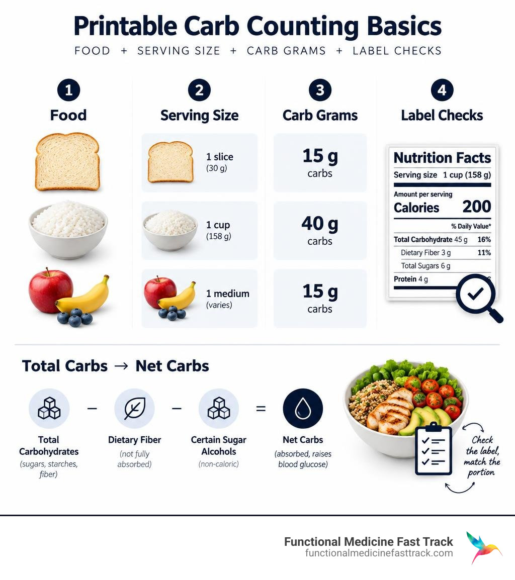 Printable carb counting basics with food, serving size, carb grams, and label checks infographic