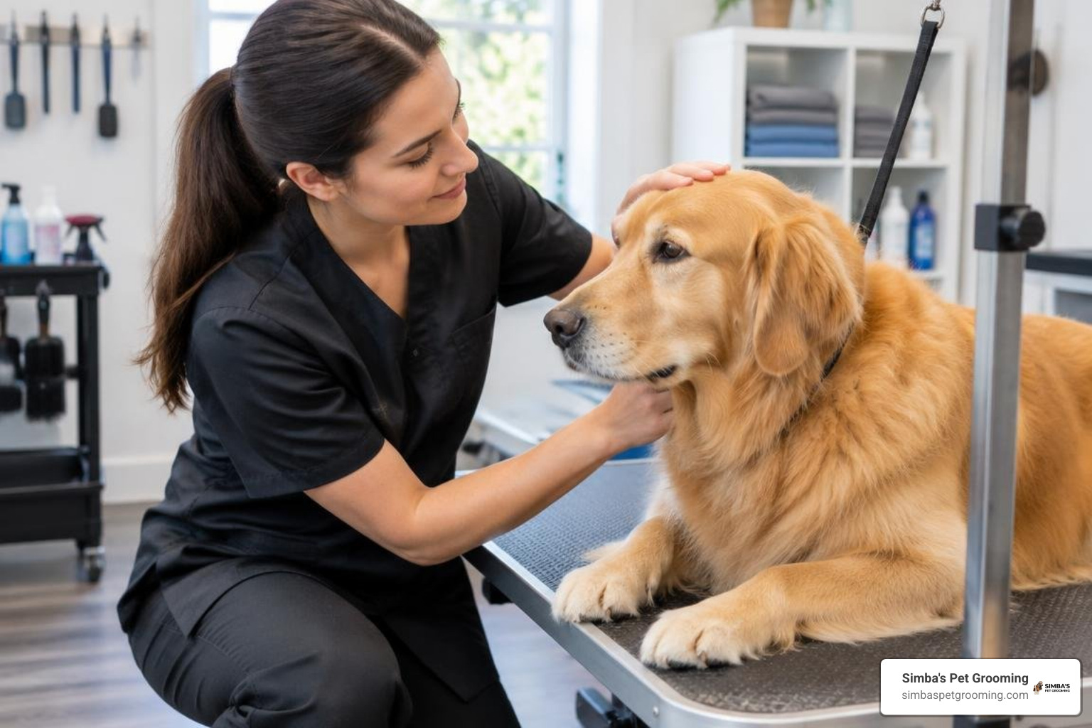 Groomer gently comforting an anxious dog during a session