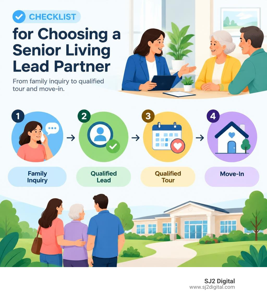 Checklist for choosing a senior living lead partner, from family inquiry to qualified tour and move-in infographic Checklist for choosing a senior living lead partner, from family inquiry to qualified tour and move-in infographic