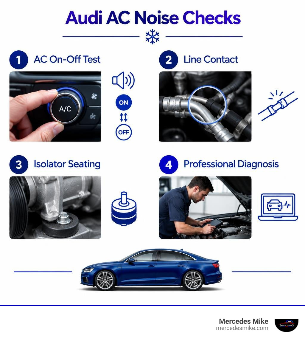 Audi AC noise checks: AC on-off test, line contact, isolator seating, and professional diagnosis infographic Audi AC noise checks: AC on-off test, line contact, isolator seating, and professional diagnosis infographic