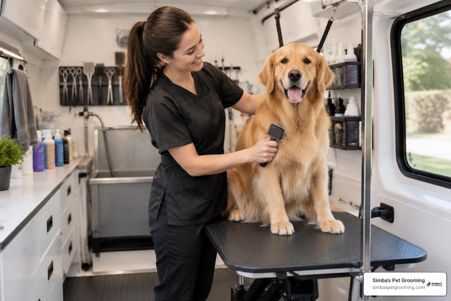 A professional stylist carefully grooming a golden retriever inside a mobile salon A professional stylist carefully grooming a golden retriever inside a mobile salon